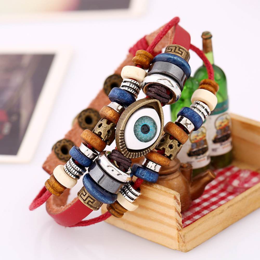 Dark Beaded Eyes Couple Leather Bracelet