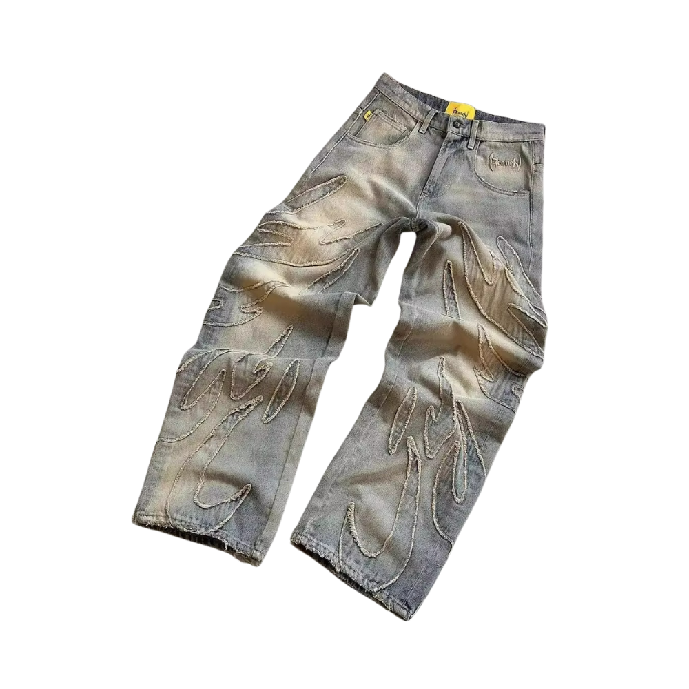 Unseen Echoes Blaze Carved Black — Handcrafted Denim Inferno Jeans