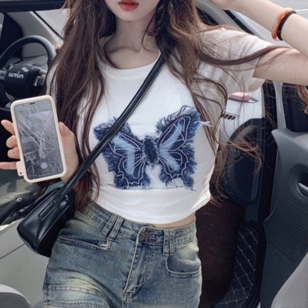 Women's Denim Butterfly Patchwork T-Shirt