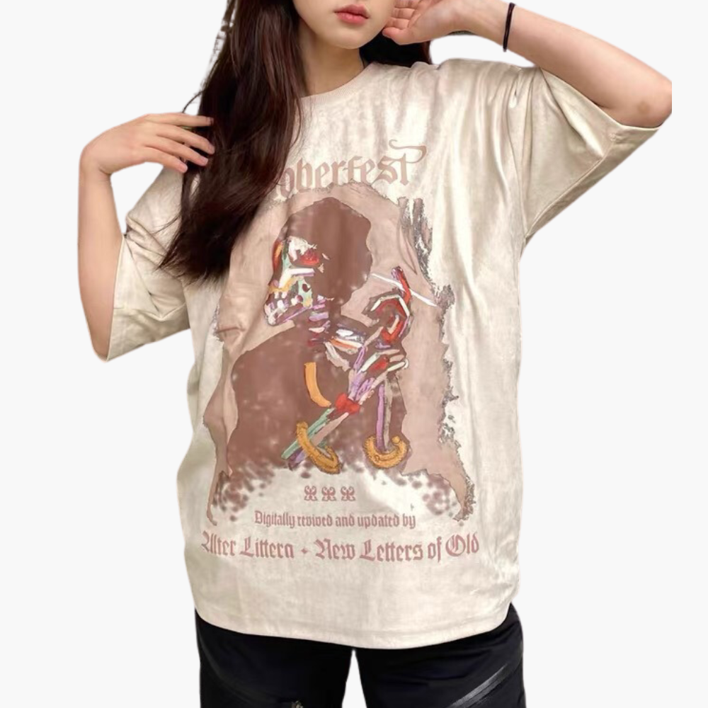 American Skull Print Suede T-Shirt