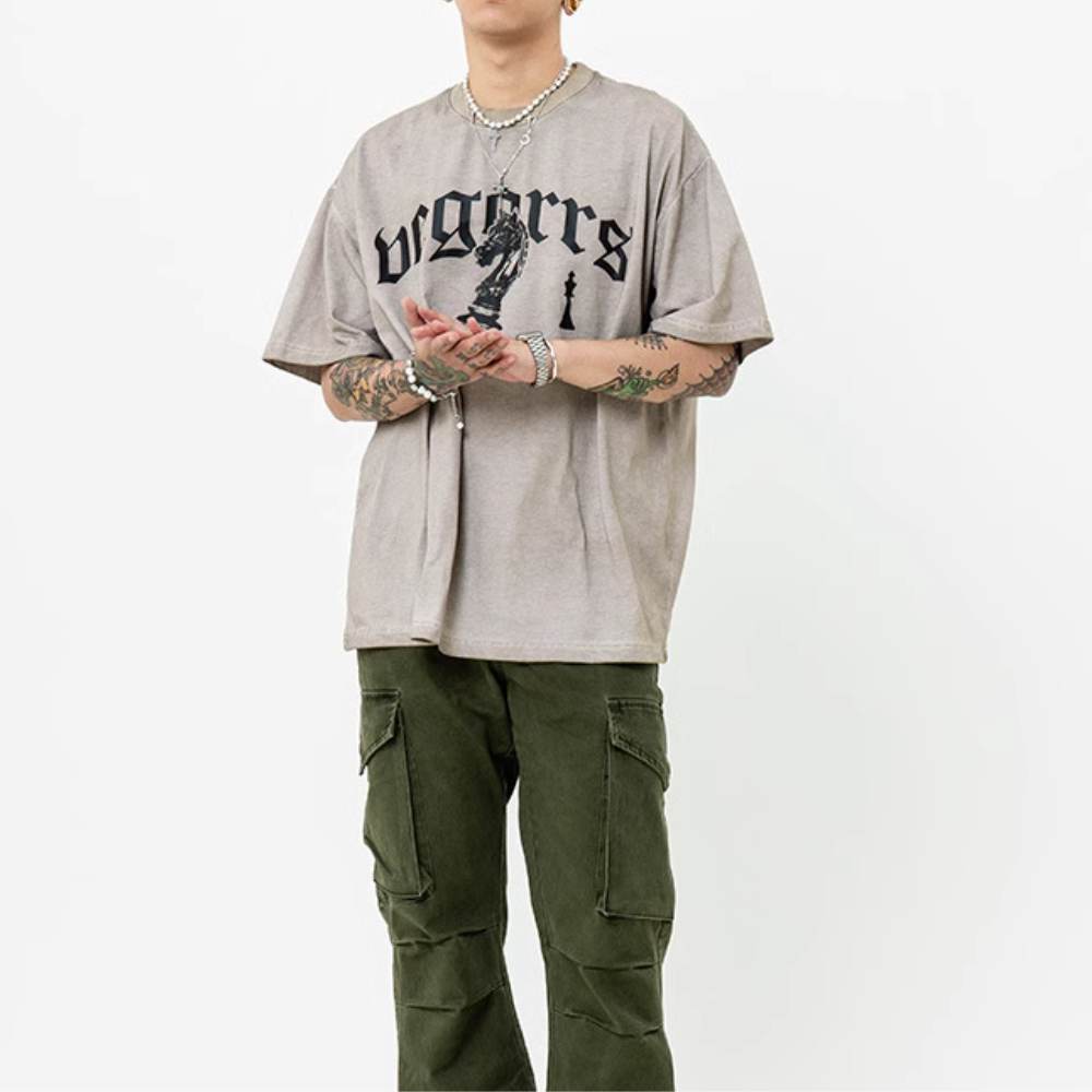 Vintage Chess Print Washed Distressed T-shirt