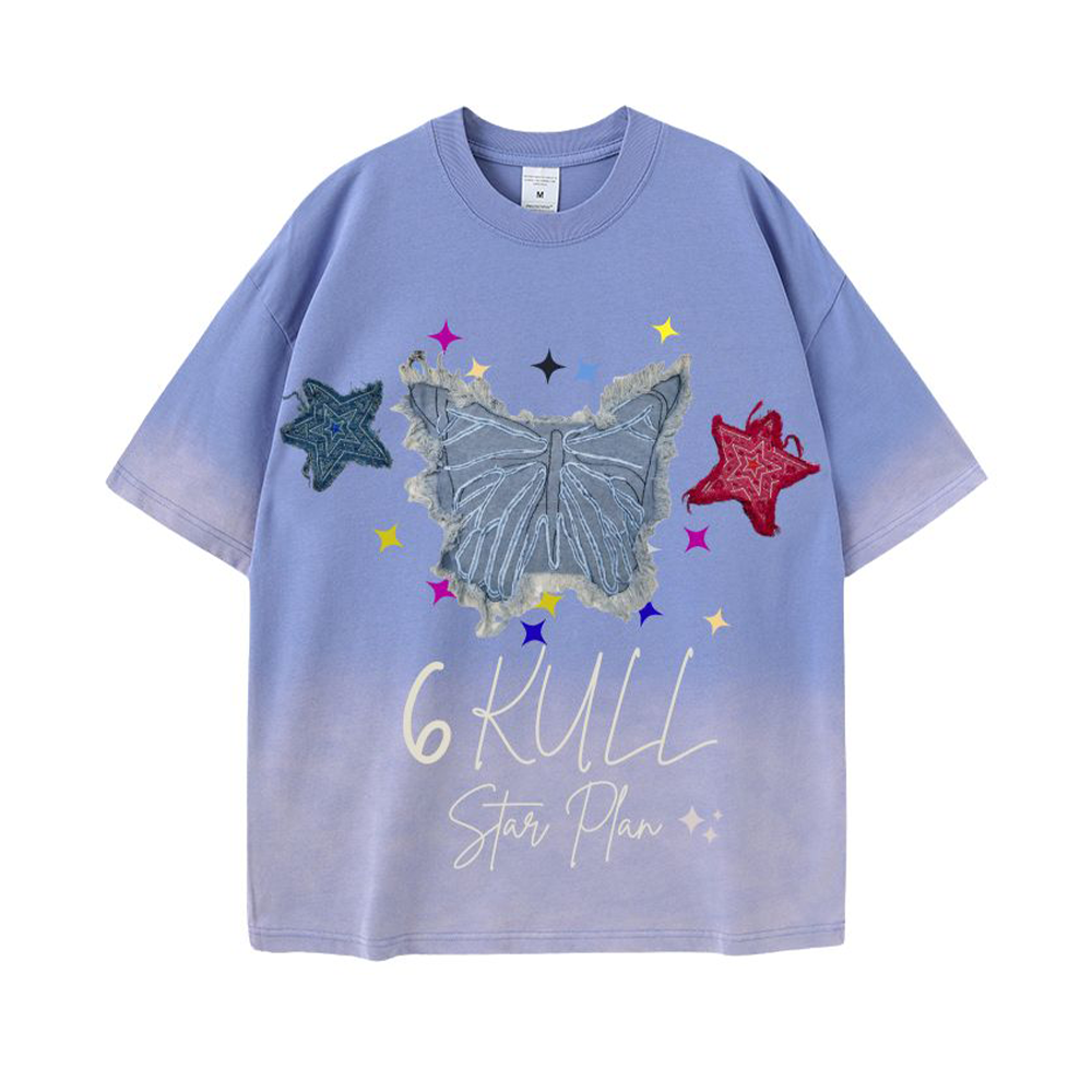 6Kull Star Plan Butterfly Denim Washed T-Shirt