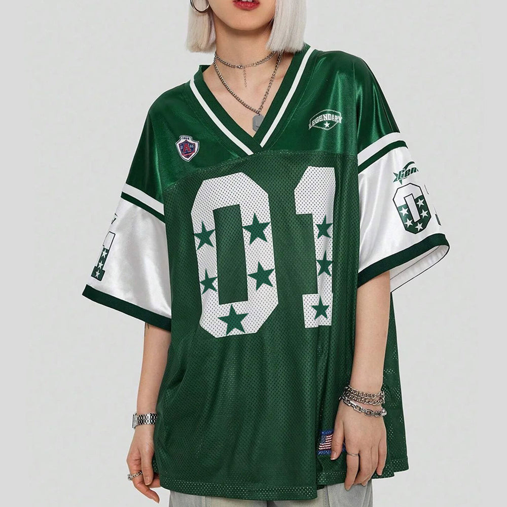 Evokyn Green Star Print V-Neck Mesh Jersey T-Shirt