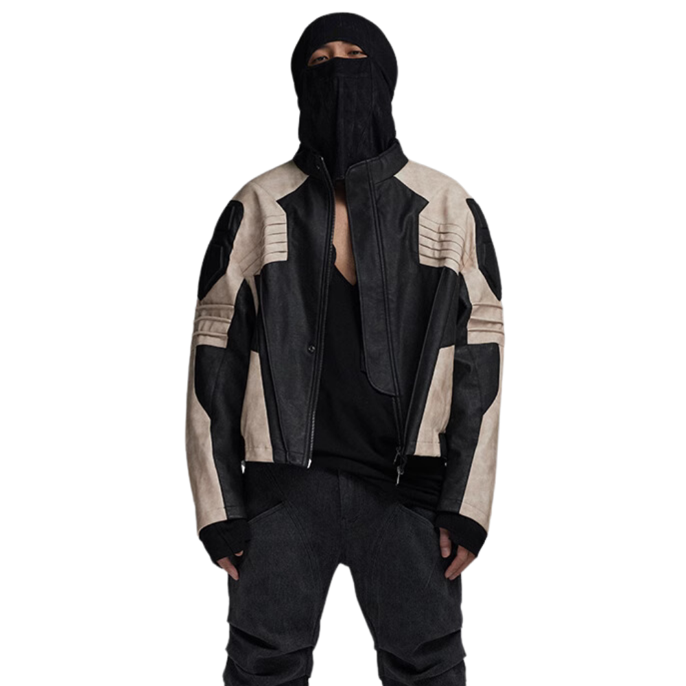 Stand Collar Contrast Leather Jacket