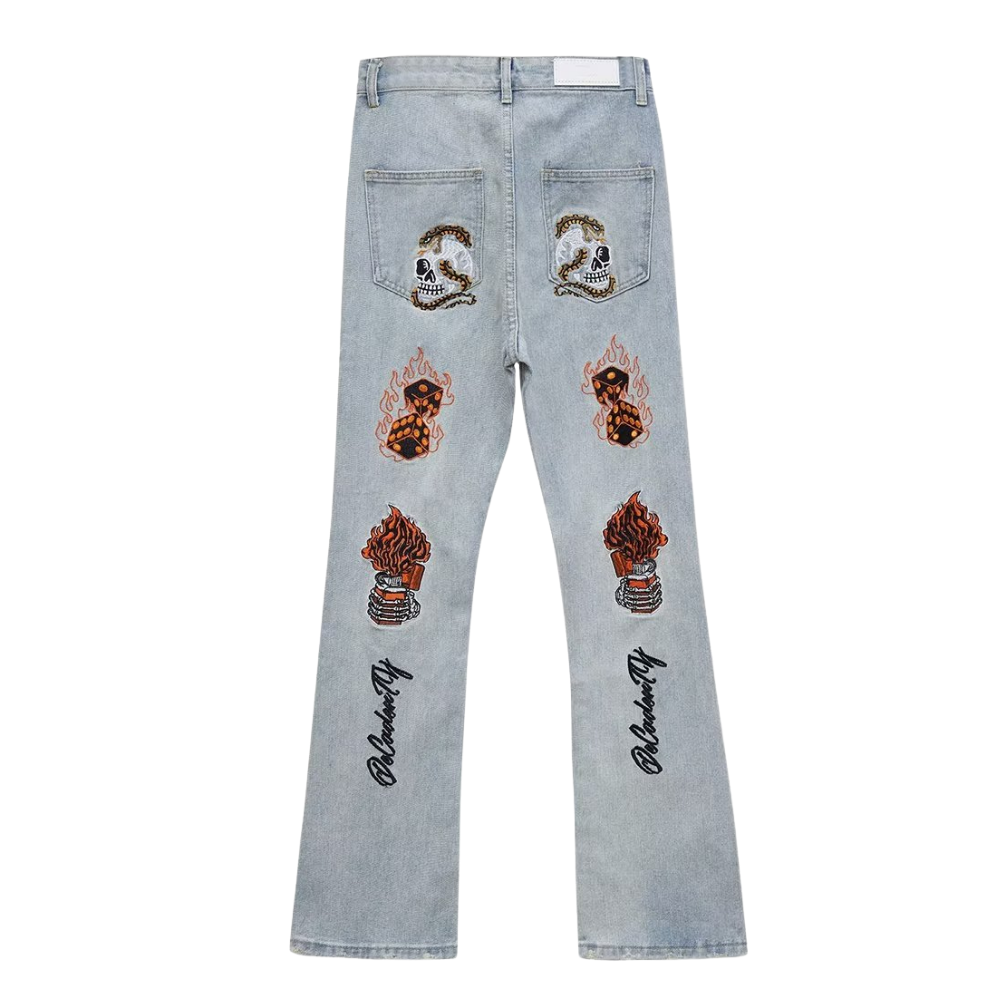 High Street Flame Skull Embroidered Jeans
