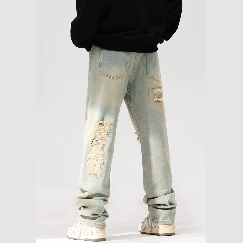 American Retro Loose Straight Washed Old Patch Ripped Jeans