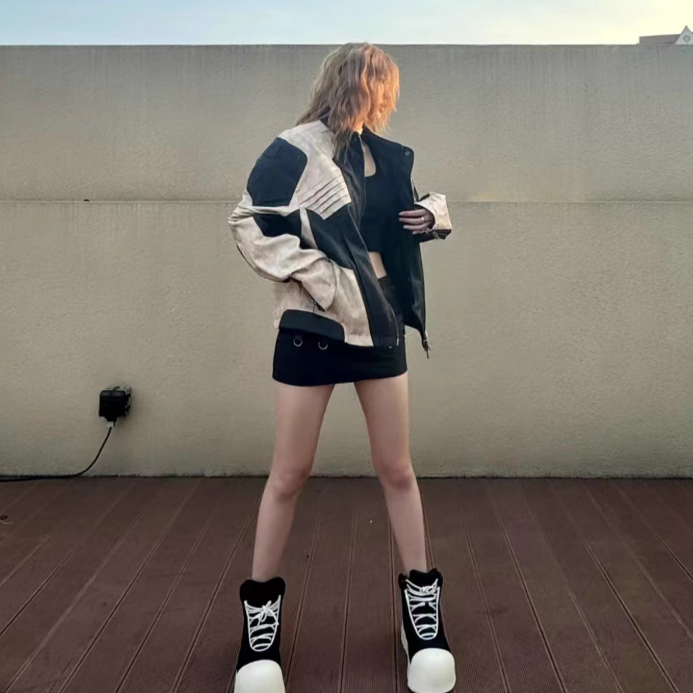 Stand Collar Contrast Leather Jacket
