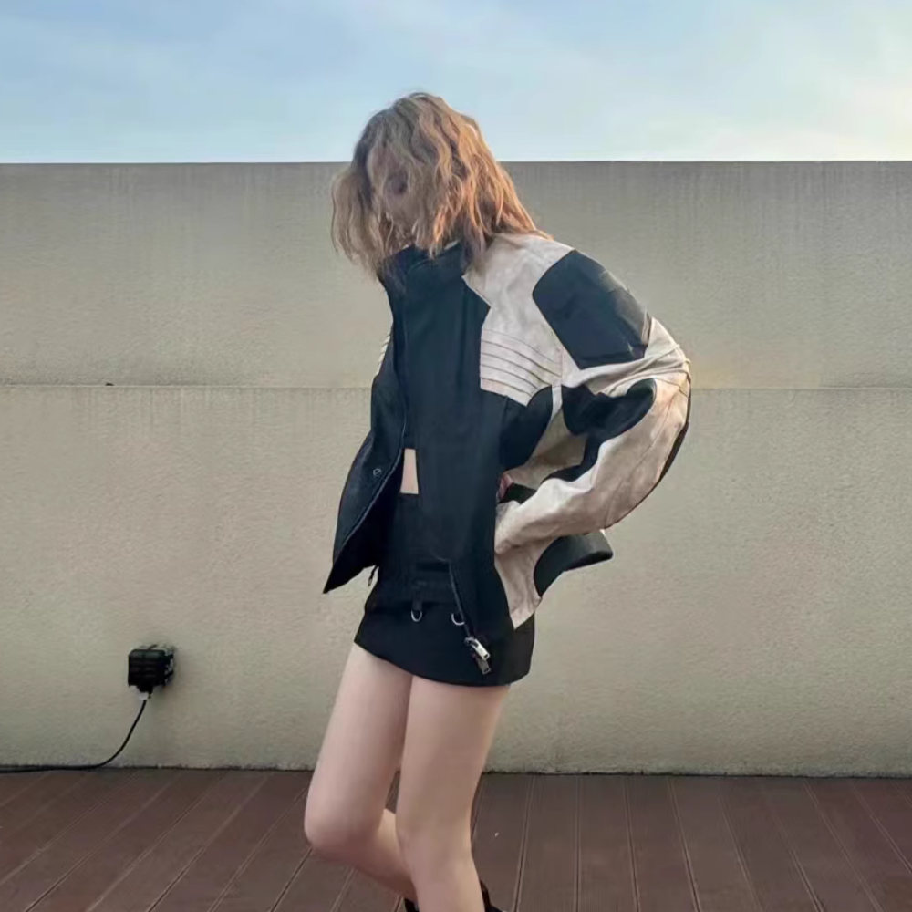 Stand Collar Contrast Leather Jacket