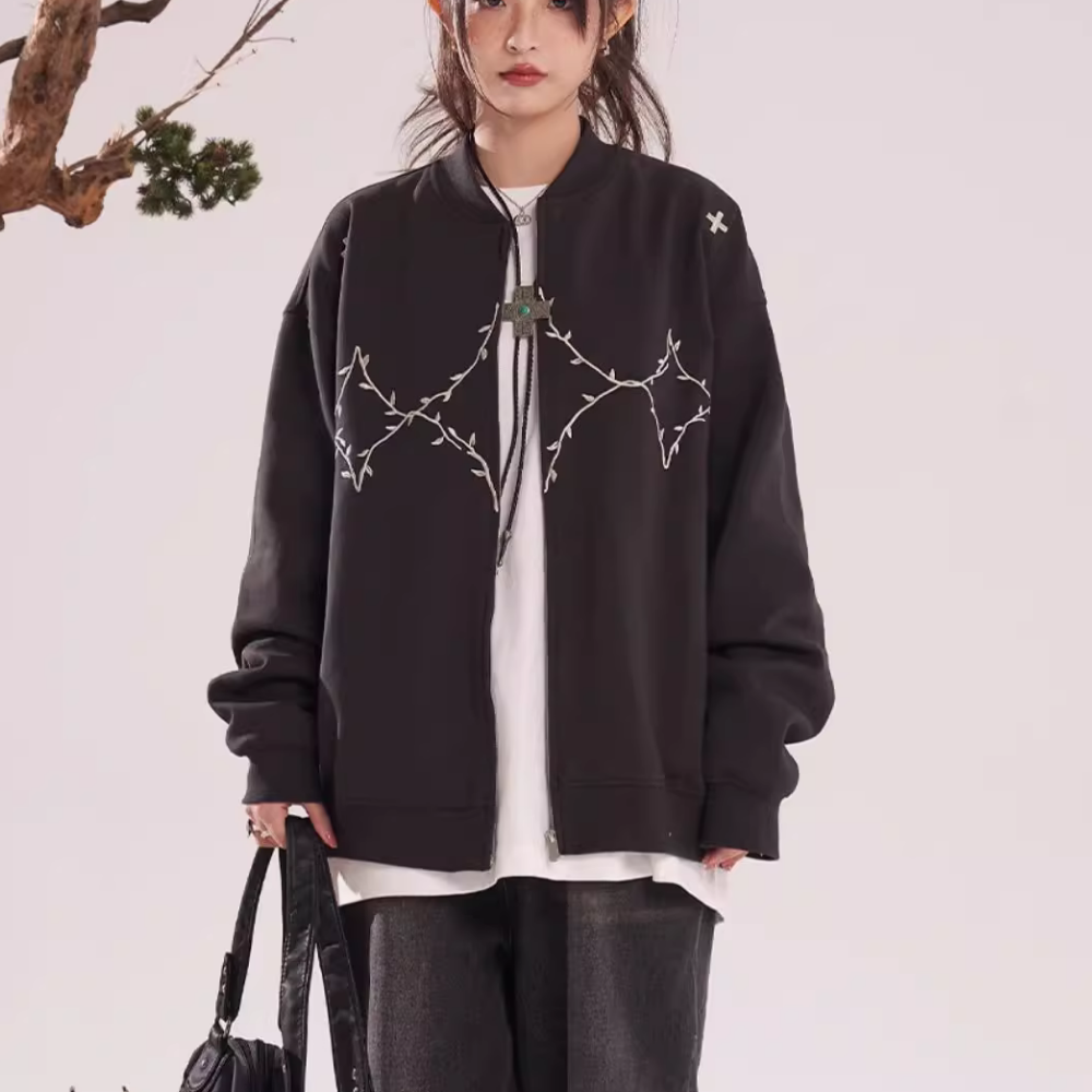 Embroidered Bomber Zip-Up Jacket