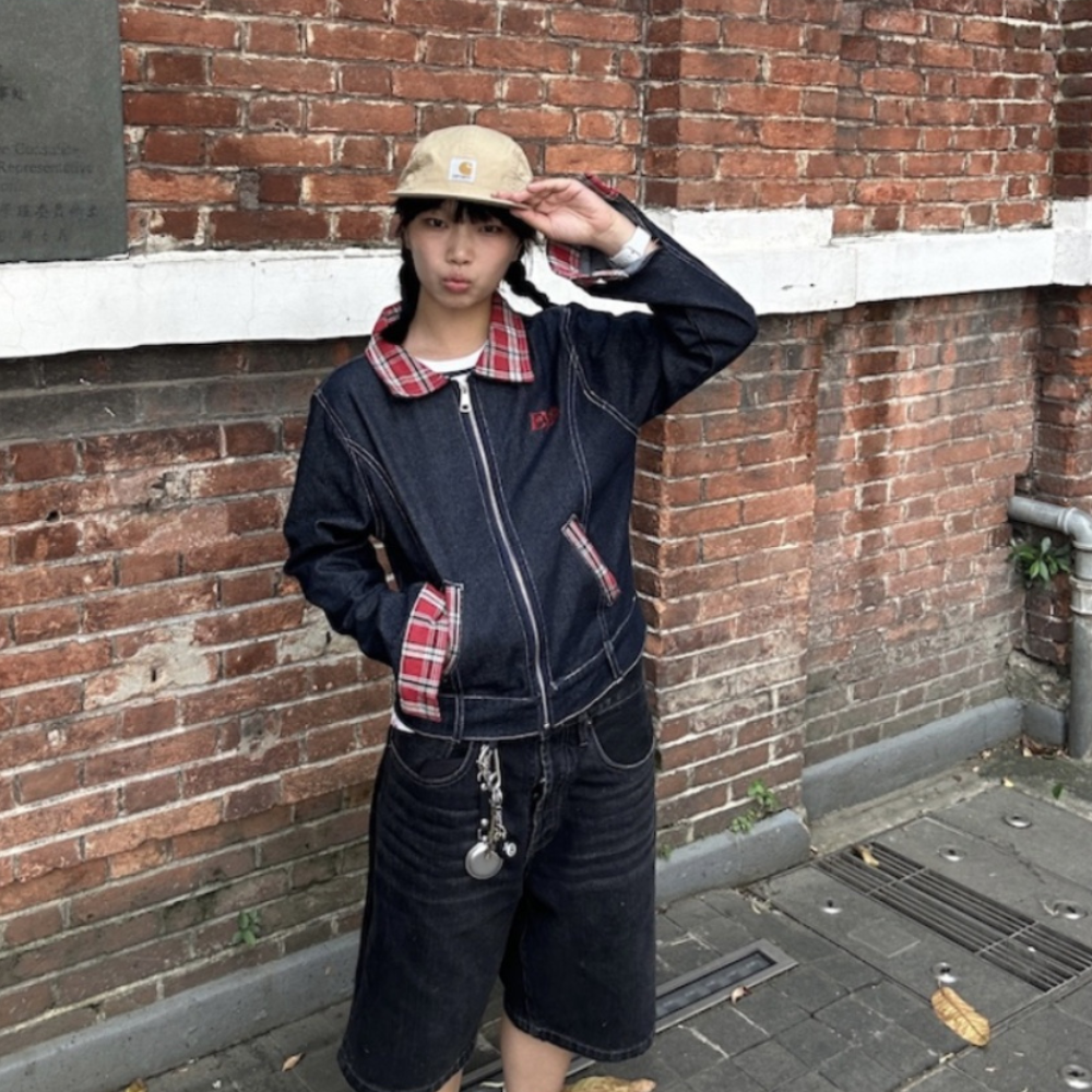 American Plaid Collar Patch Jacket