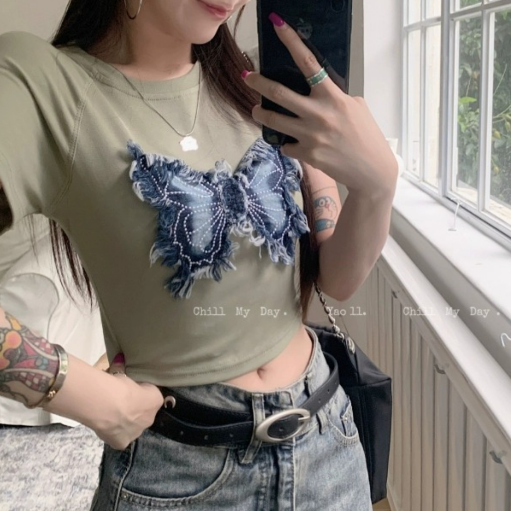 Women's Denim Butterfly Patchwork T-Shirt