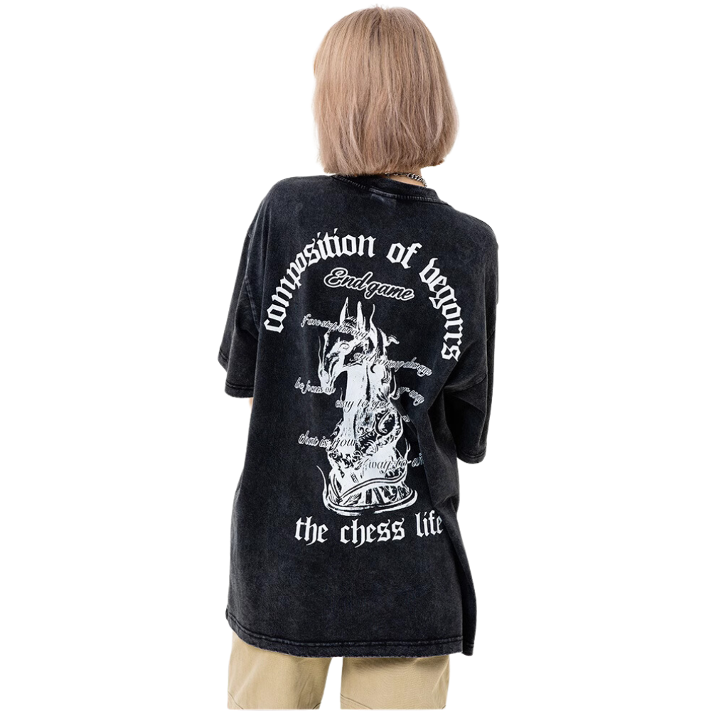 Vintage Chess Print Washed Distressed T-shirt