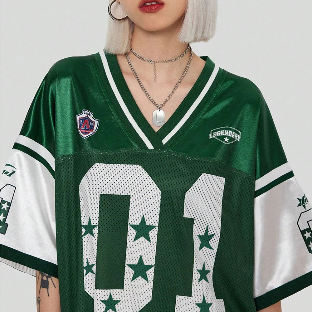 Evokyn Green Star Print V-Neck Mesh Jersey T-Shirt
