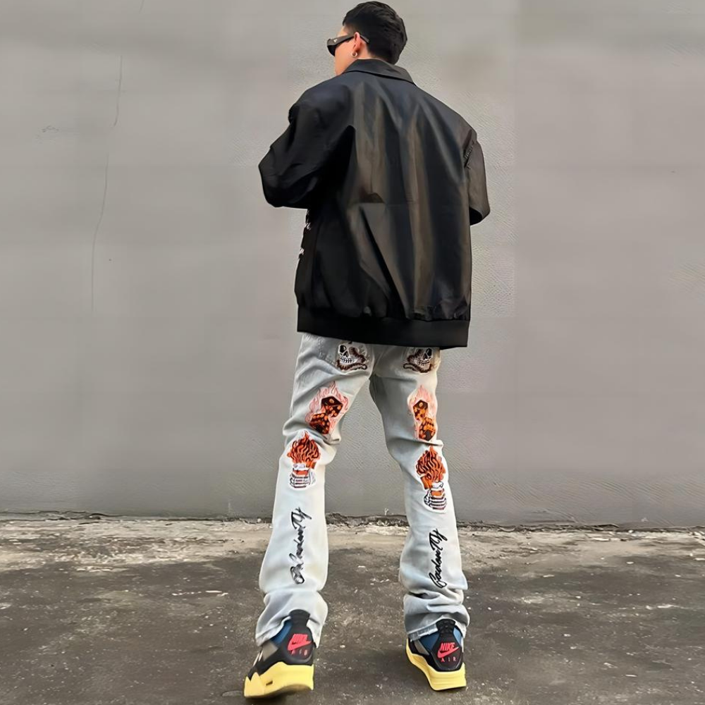 High Street Flame Skull Embroidered Jeans