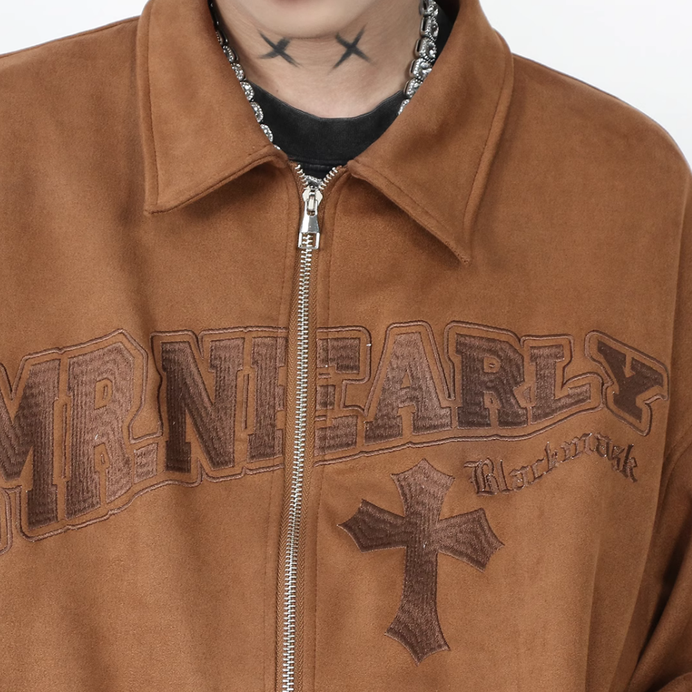 Cross Embroidered Suede Lapel Jacket
