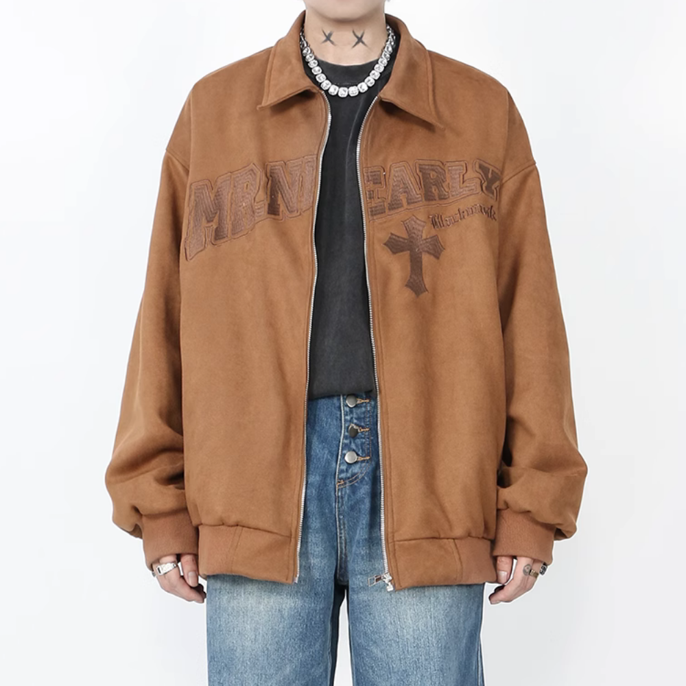 Cross Embroidered Suede Lapel Jacket