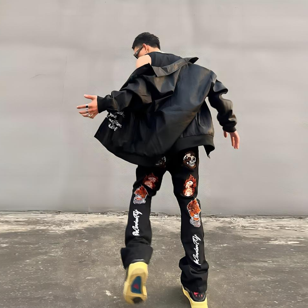 High Street Flame Skull Embroidered Jeans