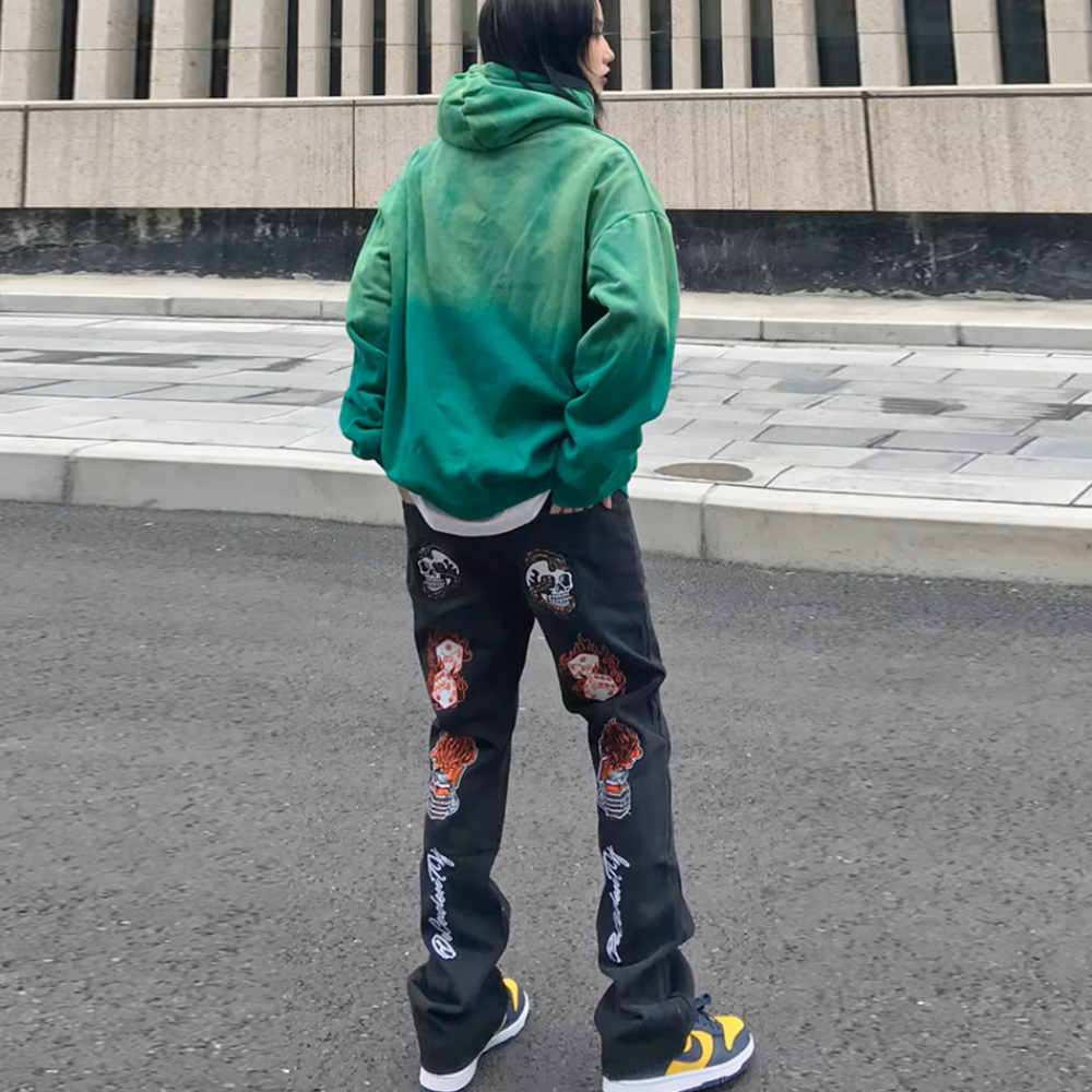 High Street Flame Skull Embroidered Jeans