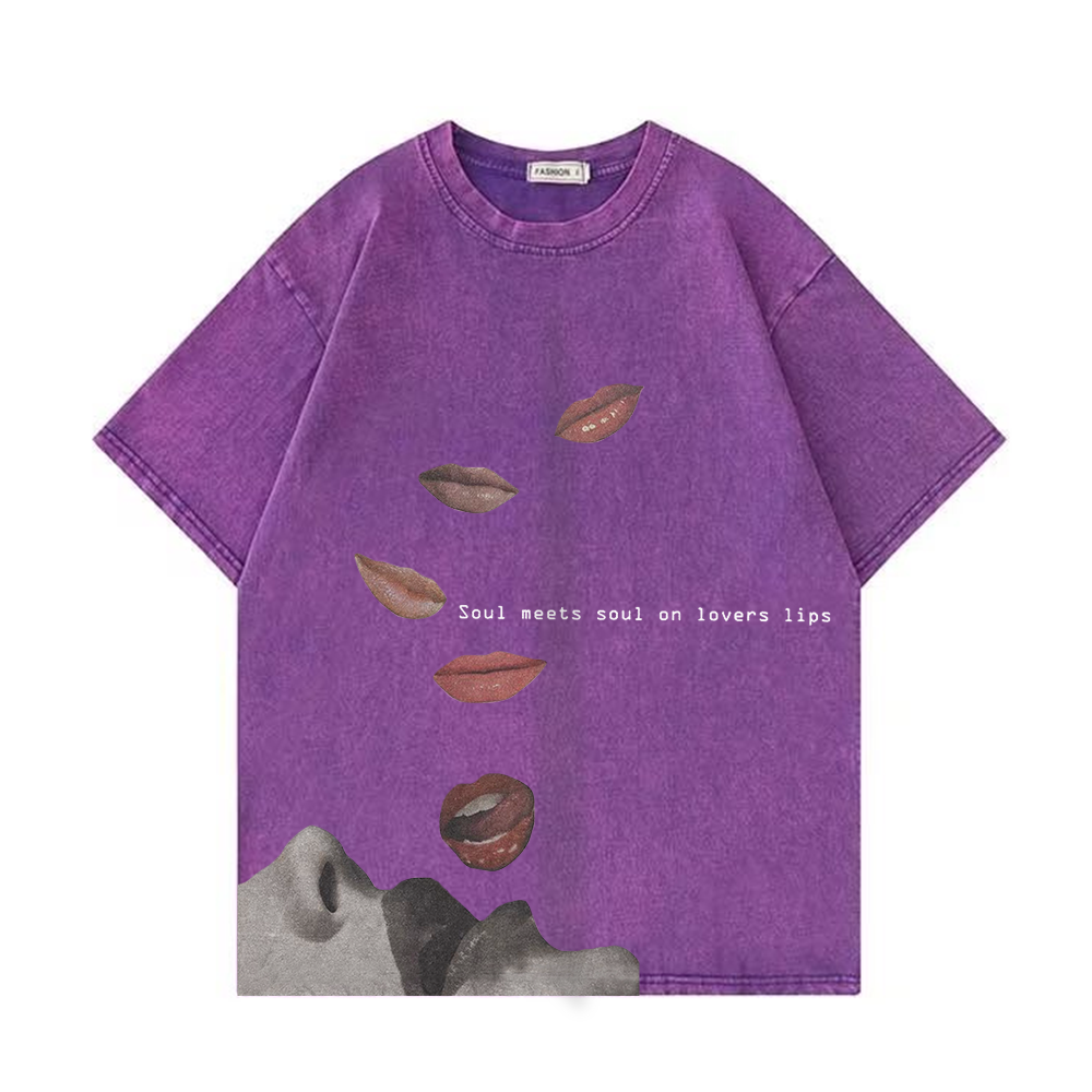 Retro Fun Lip Print Washed T-Shirt