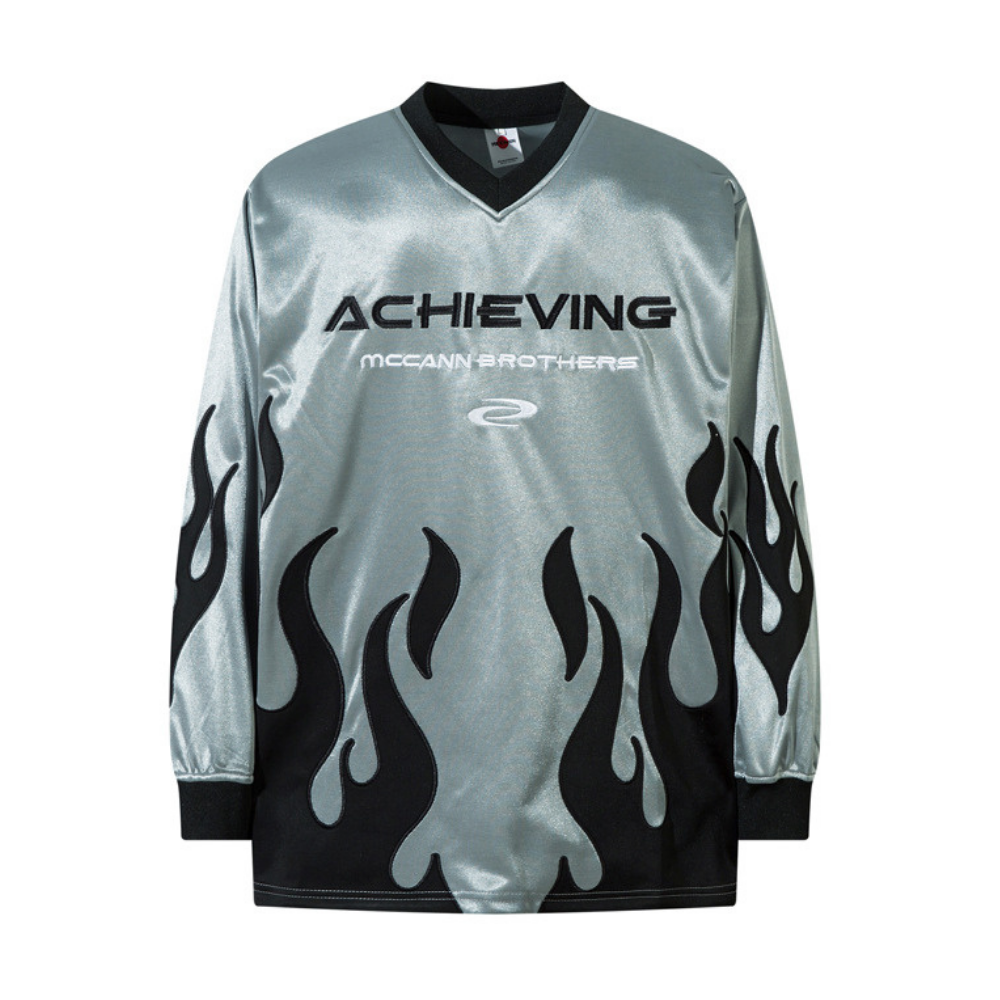V-neck Flame Embroidery Patchwork Sweatshirt