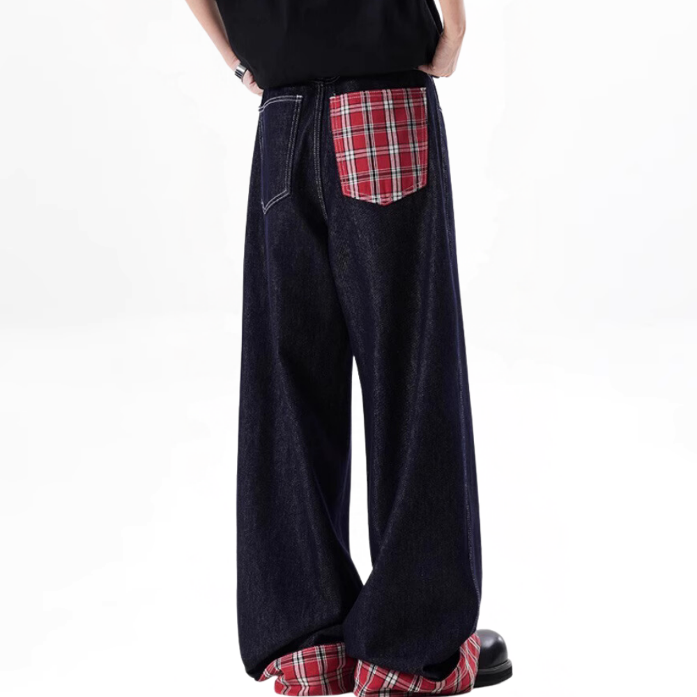 Classic Plaid Panel Roll-Up Jeans