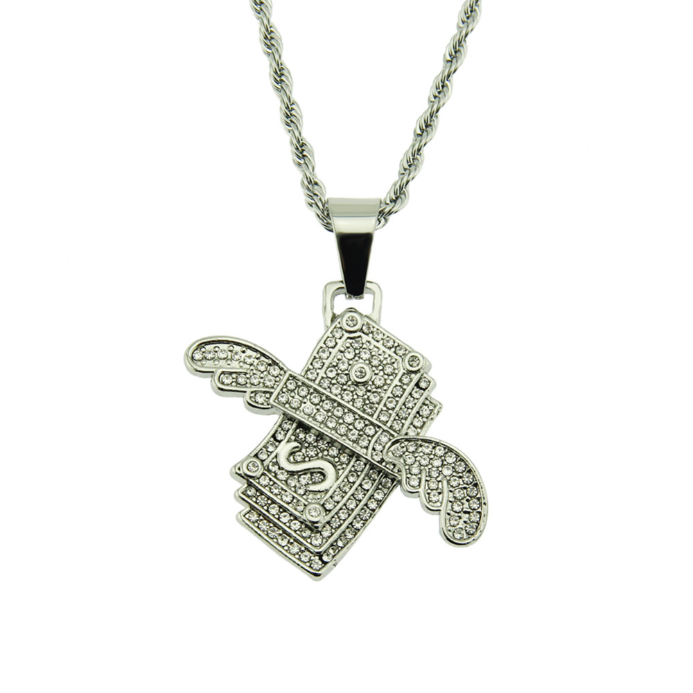 Hip Hop Angel Wings Dollar Pendant Necklace