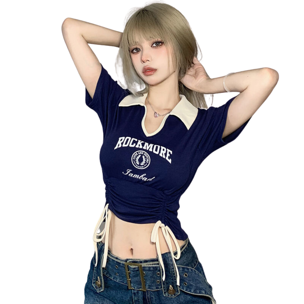 【Subscription】Women's Contrasting Drawstring Slim T-shirt