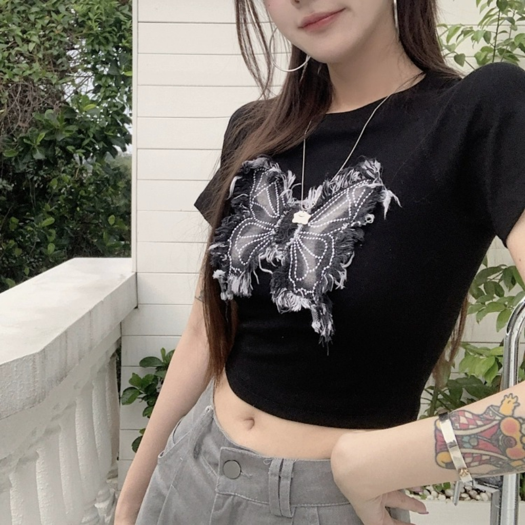 Women's Denim Butterfly Patchwork T-Shirt