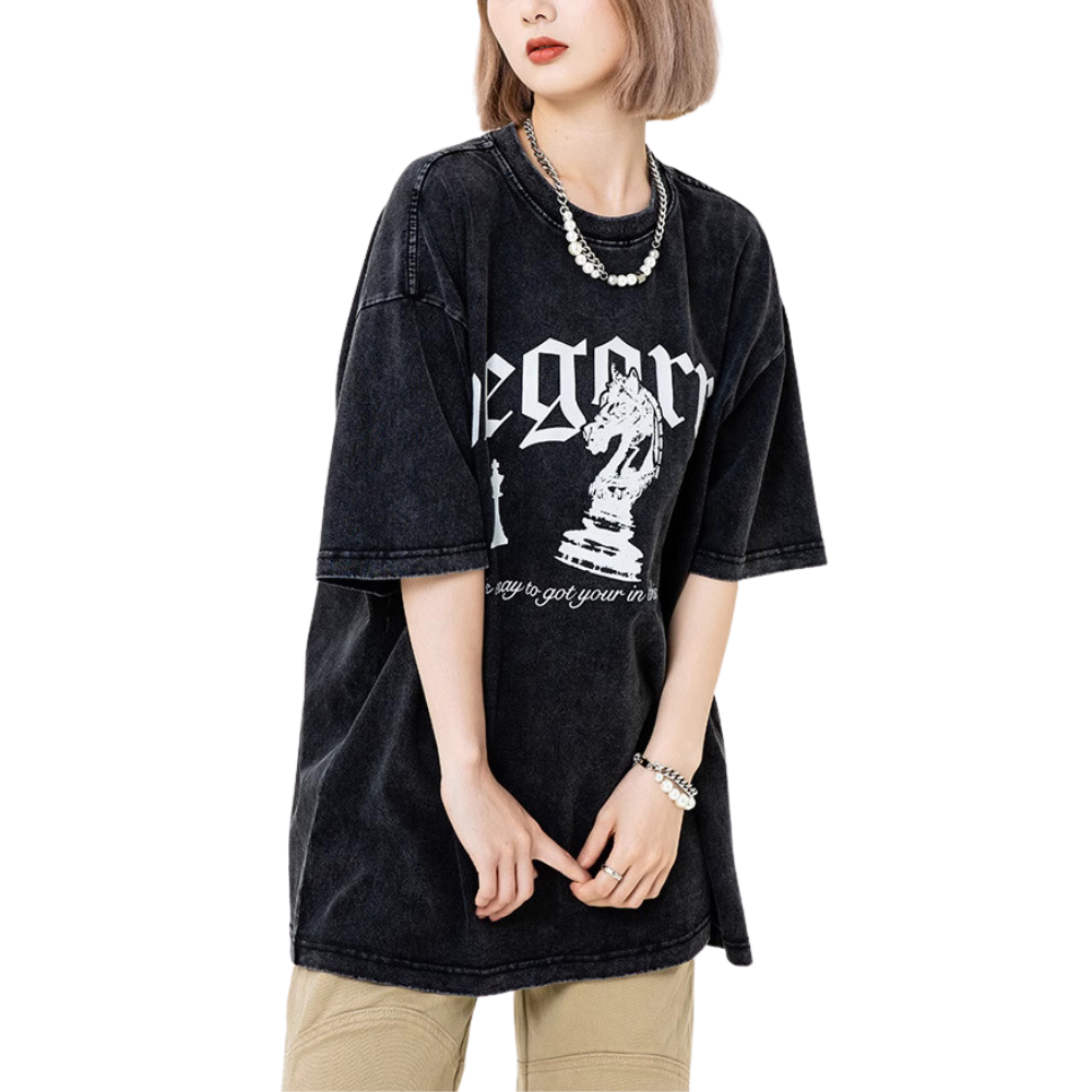 Vintage Chess Print Washed Distressed T-shirt