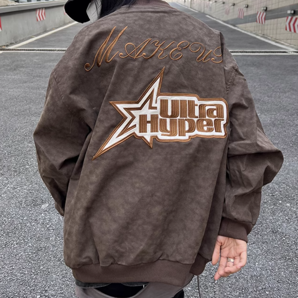 Star Letter Embroidered Suede Jacket