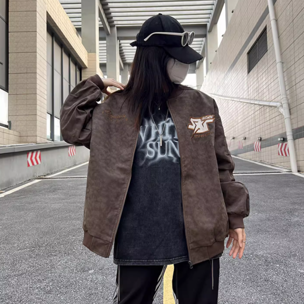 Star Letter Embroidered Suede Jacket