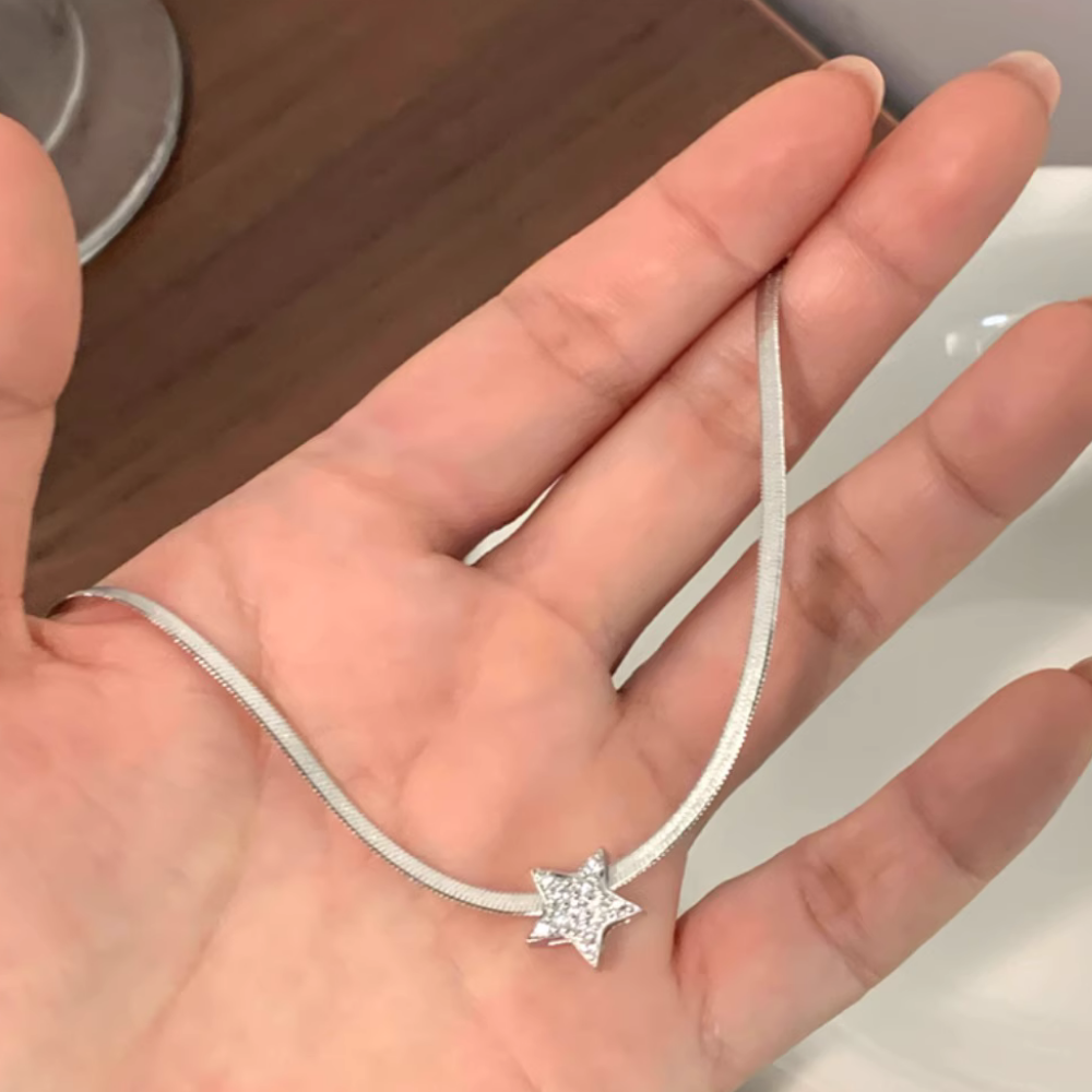 Sparkling Diamond Pentagram Snake Bone Necklace