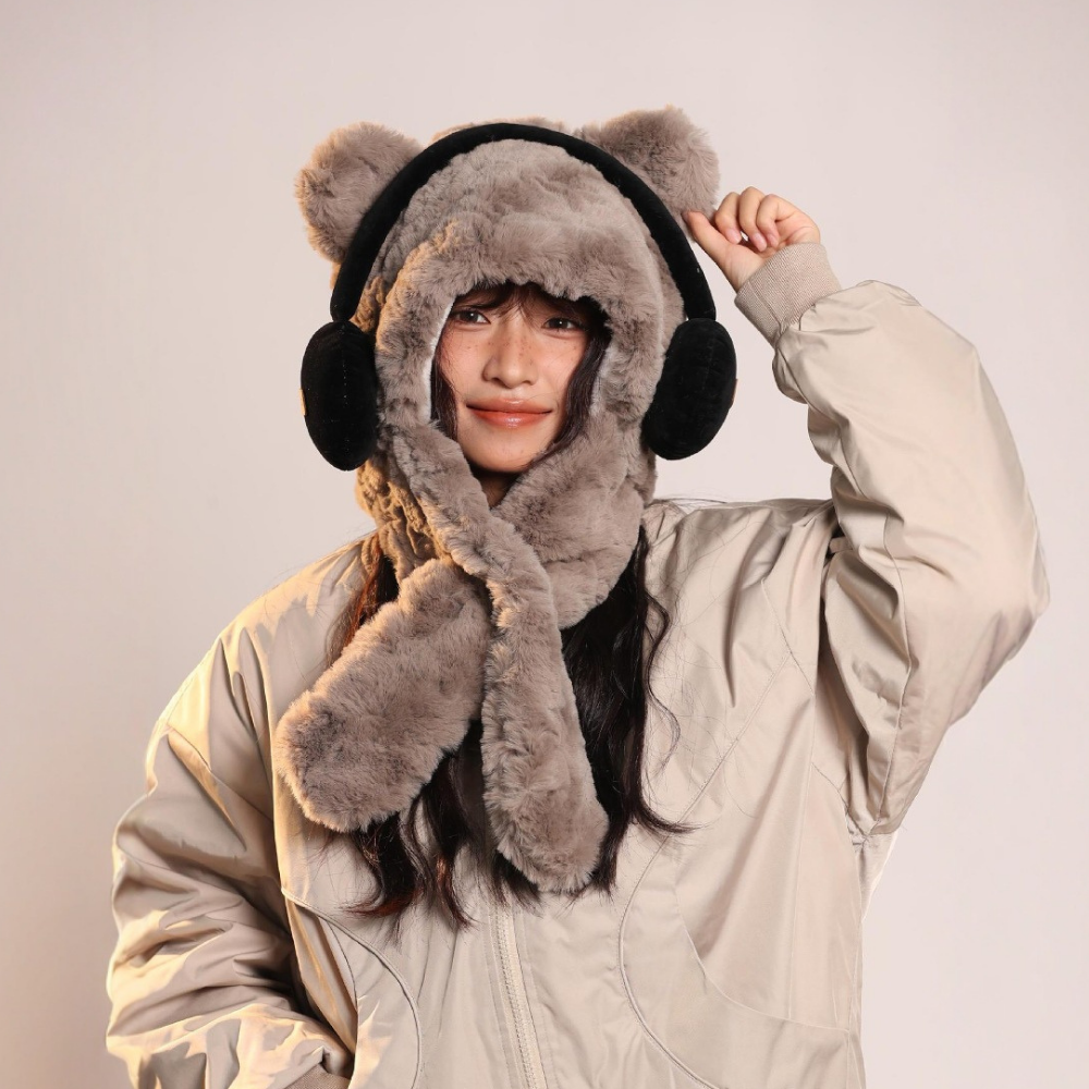 Headphones Bear Scarf Plush Hat