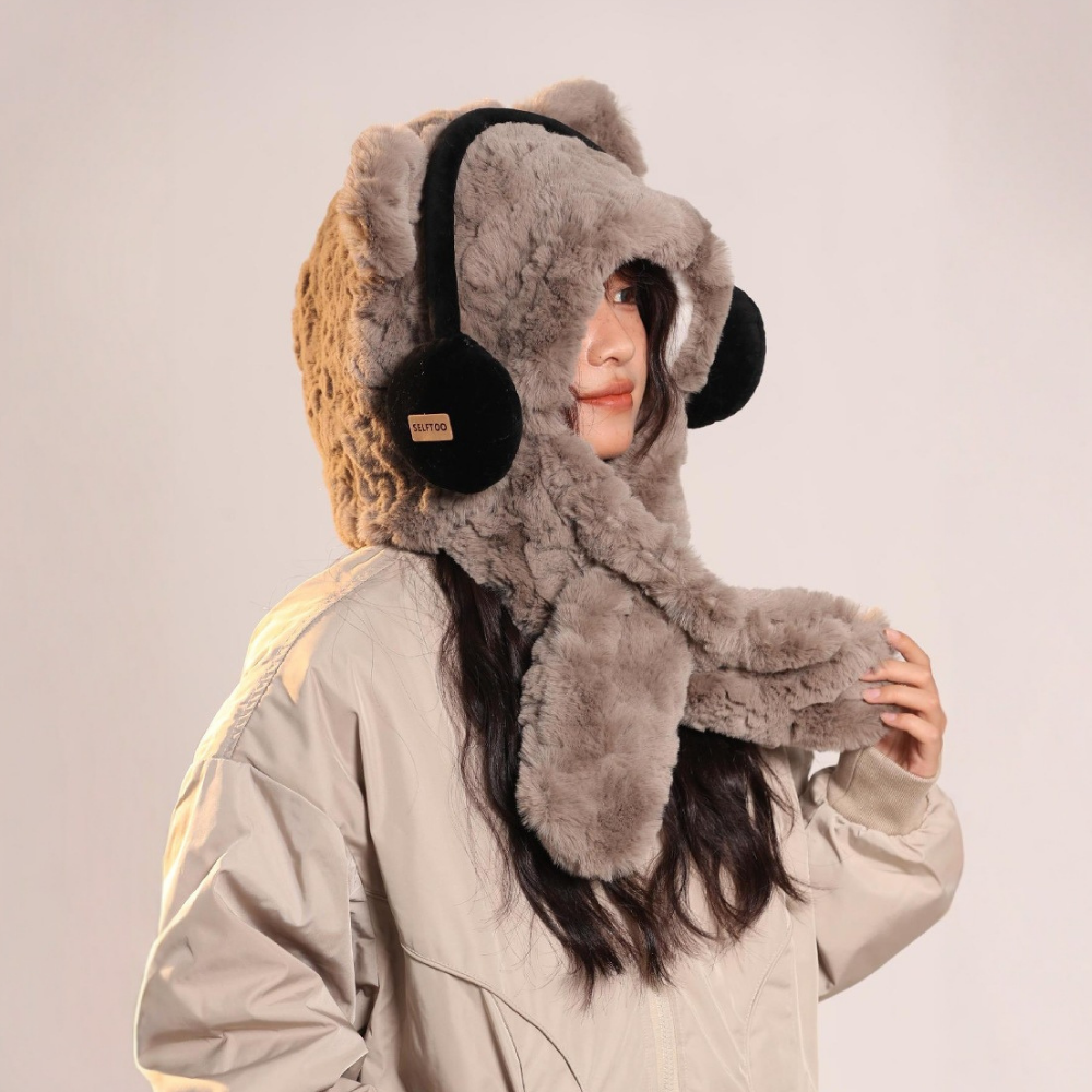 Headphones Bear Scarf Plush Hat