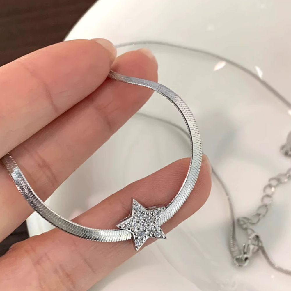 Sparkling Diamond Pentagram Snake Bone Necklace