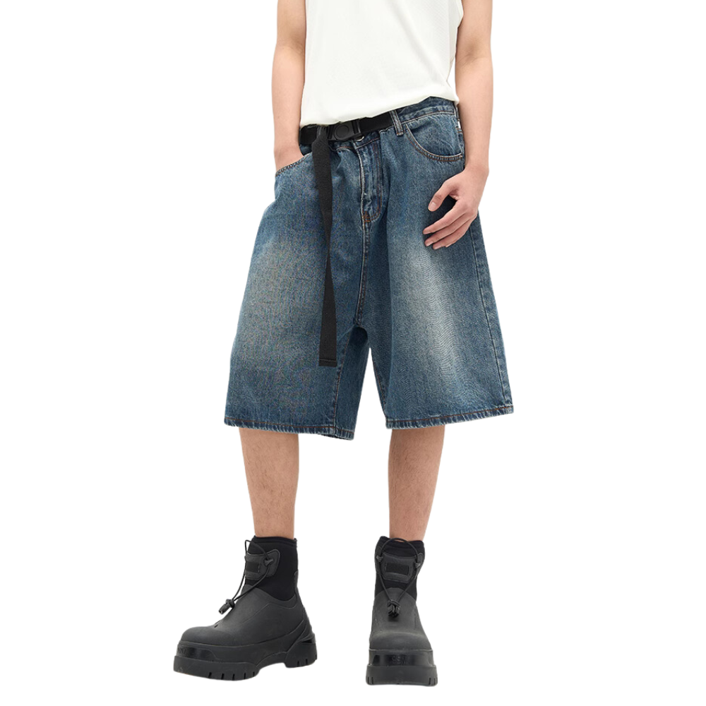 Vintage Washed Belted Denim Shorts