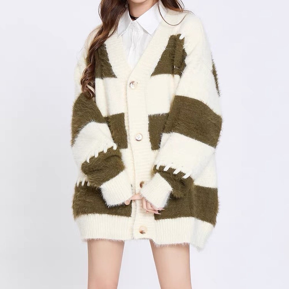 College Style Stripes With Contrasting Colors Cardigan Sweater