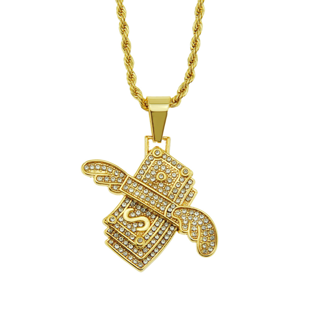 Hip Hop Angel Wings Dollar Pendant Necklace