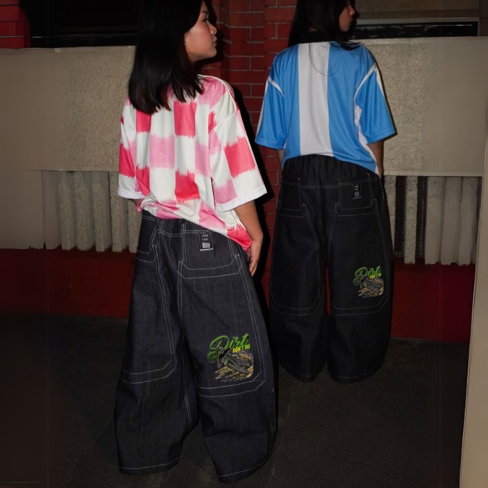 BAGGOUT Motorcycle print black jeans casual wide-leg slacks