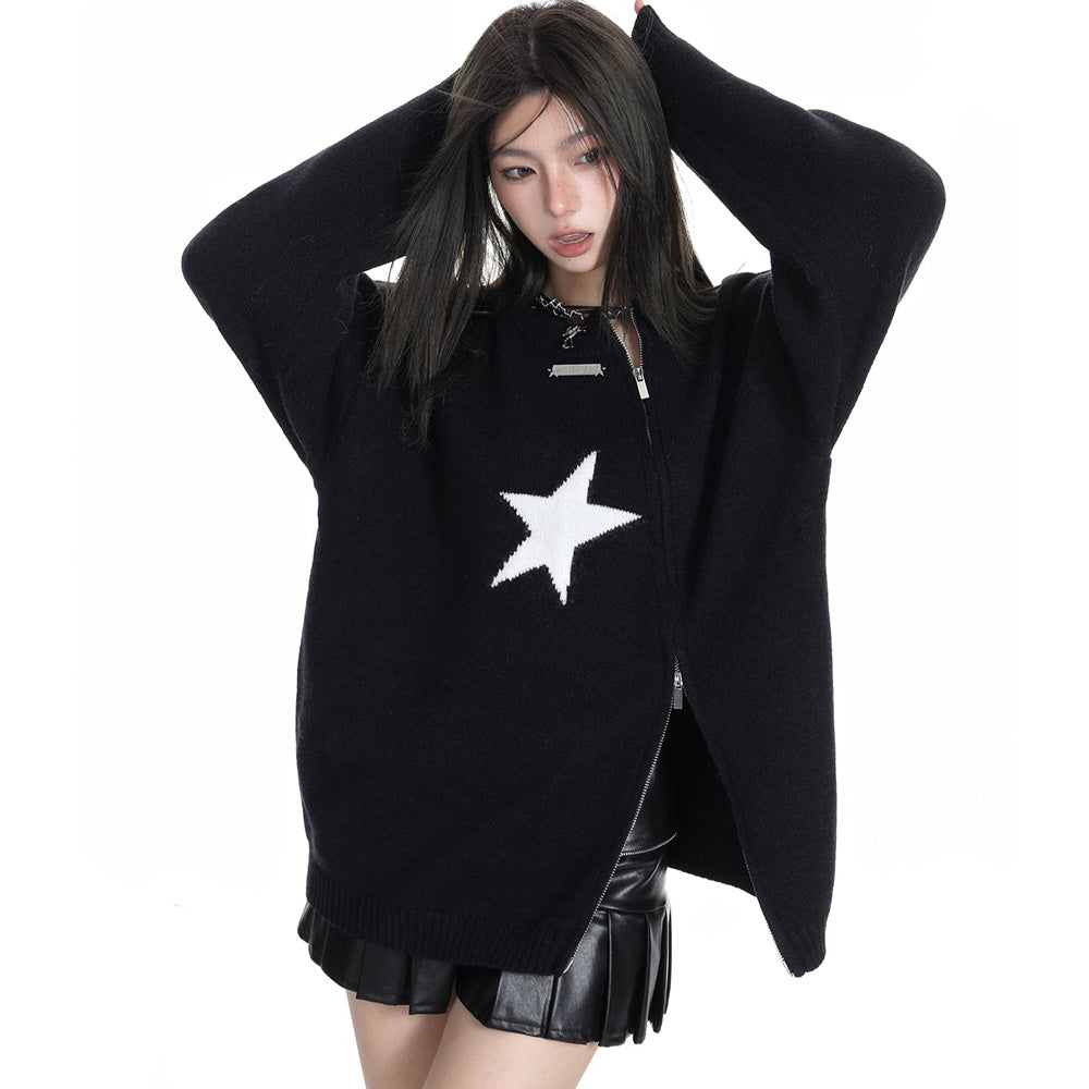 Solid Color Star Zipper Pullover Sweater