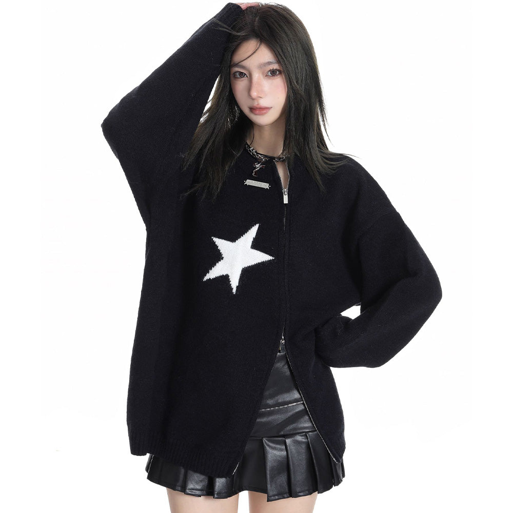 Solid Color Star Zipper Pullover Sweater