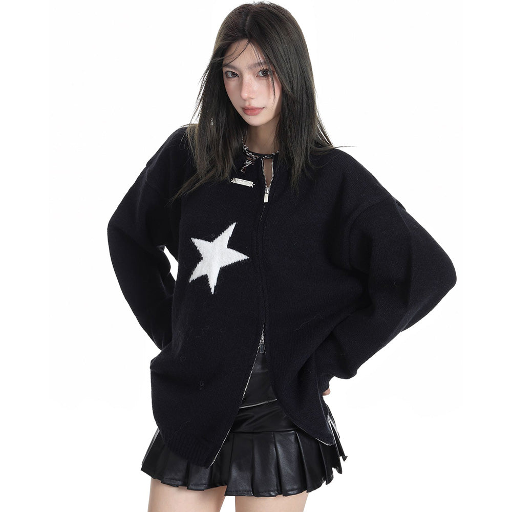 Solid Color Star Zipper Pullover Sweater