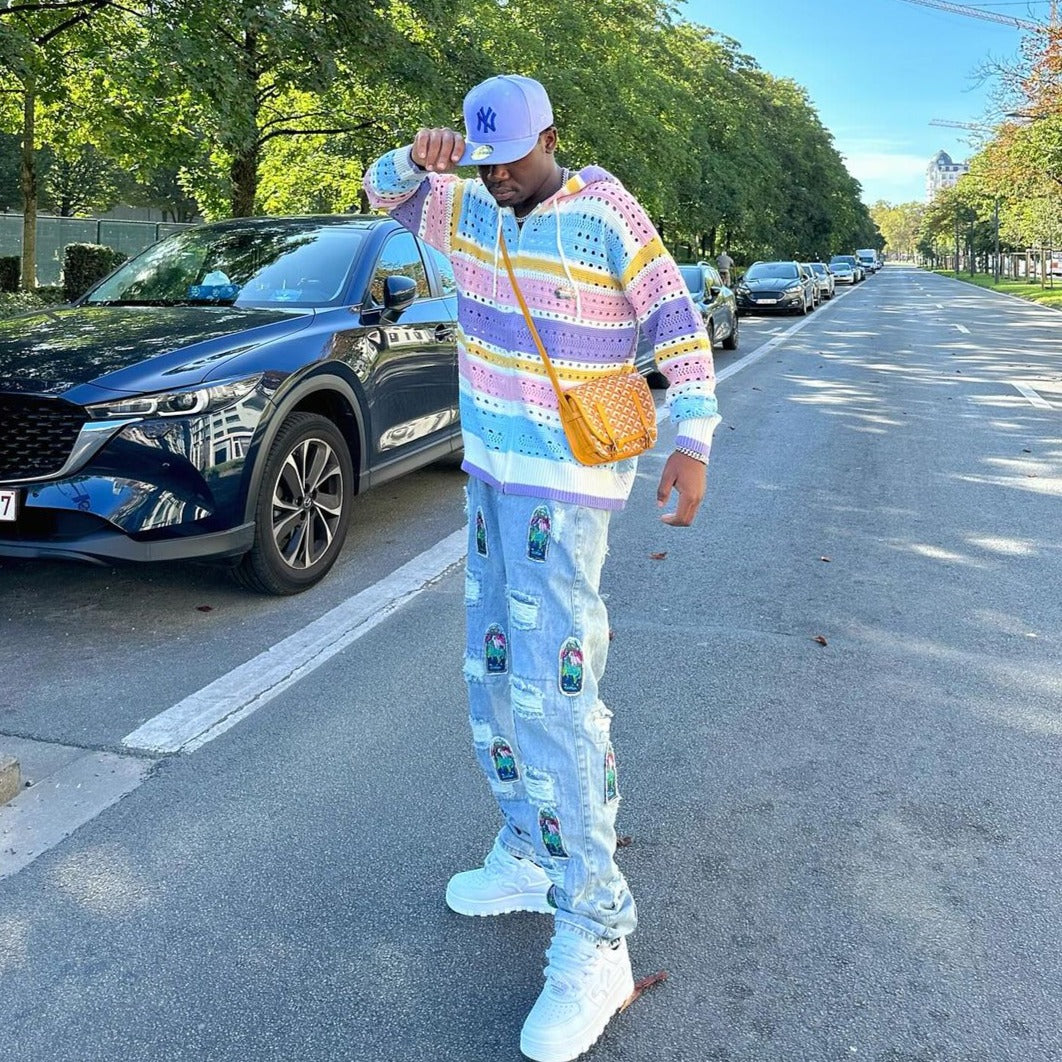 Casual Hollow Rainbow Strip Knitting Zipper Hoodies