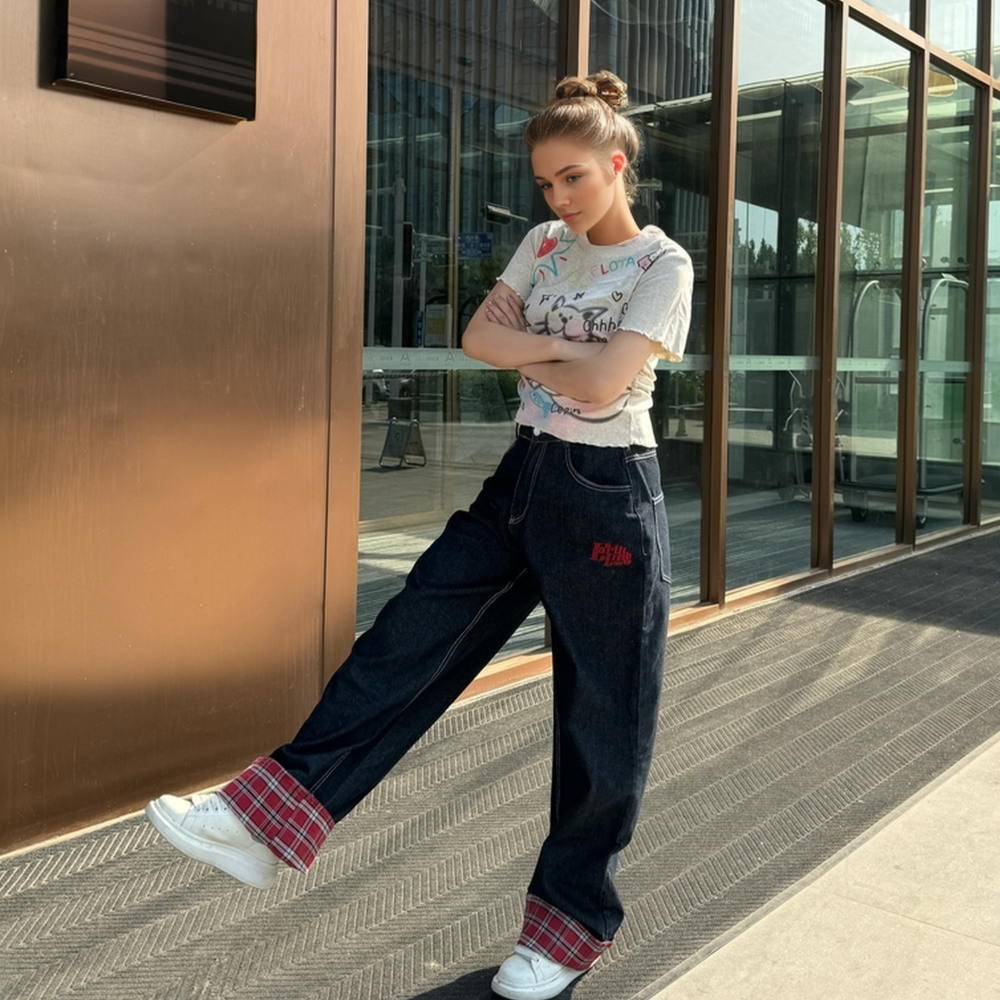 DF|Classic Plaid Panel Roll-Up Jeans