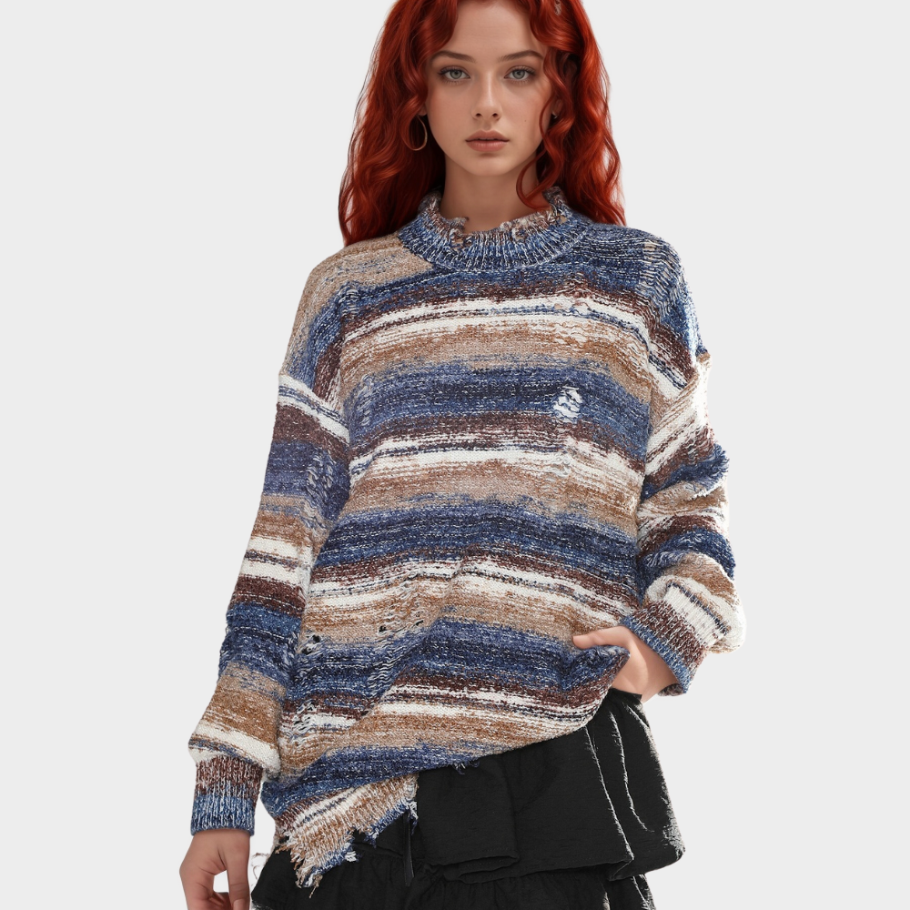 OOC' Retro Gradient Striped Ripped Knitted Sweater
