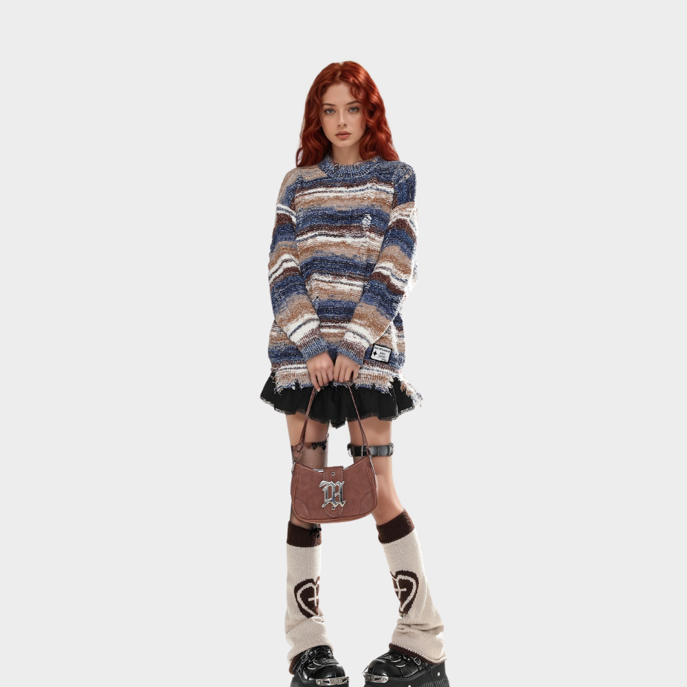 OOC' Retro Gradient Striped Ripped Knitted Sweater