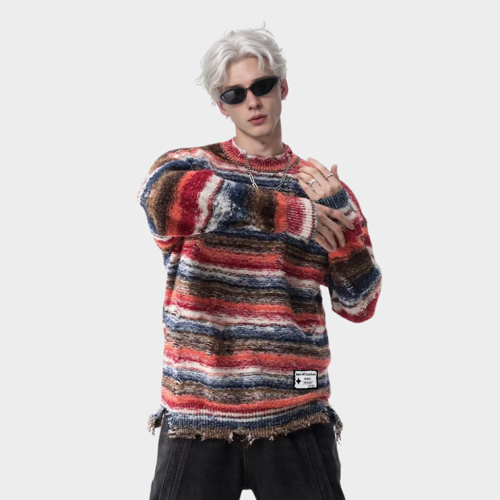 OOC' Retro Gradient Striped Ripped Knitted Sweater