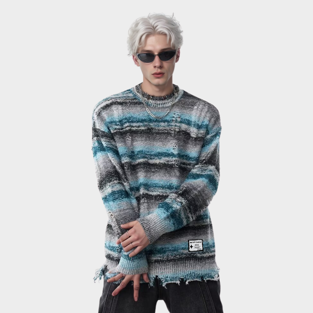 OOC' Retro Gradient Striped Ripped Knitted Sweater