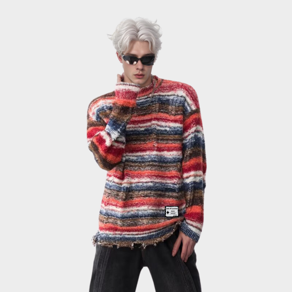 OOC' Retro Gradient Striped Ripped Knitted Sweater