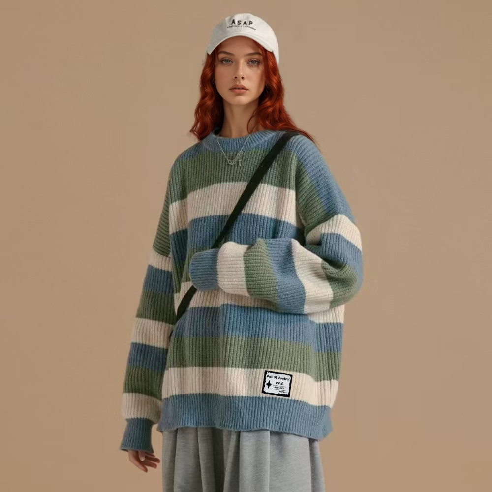 OOC' Retro Three-Color Patchwork Striped Knitted Sweater